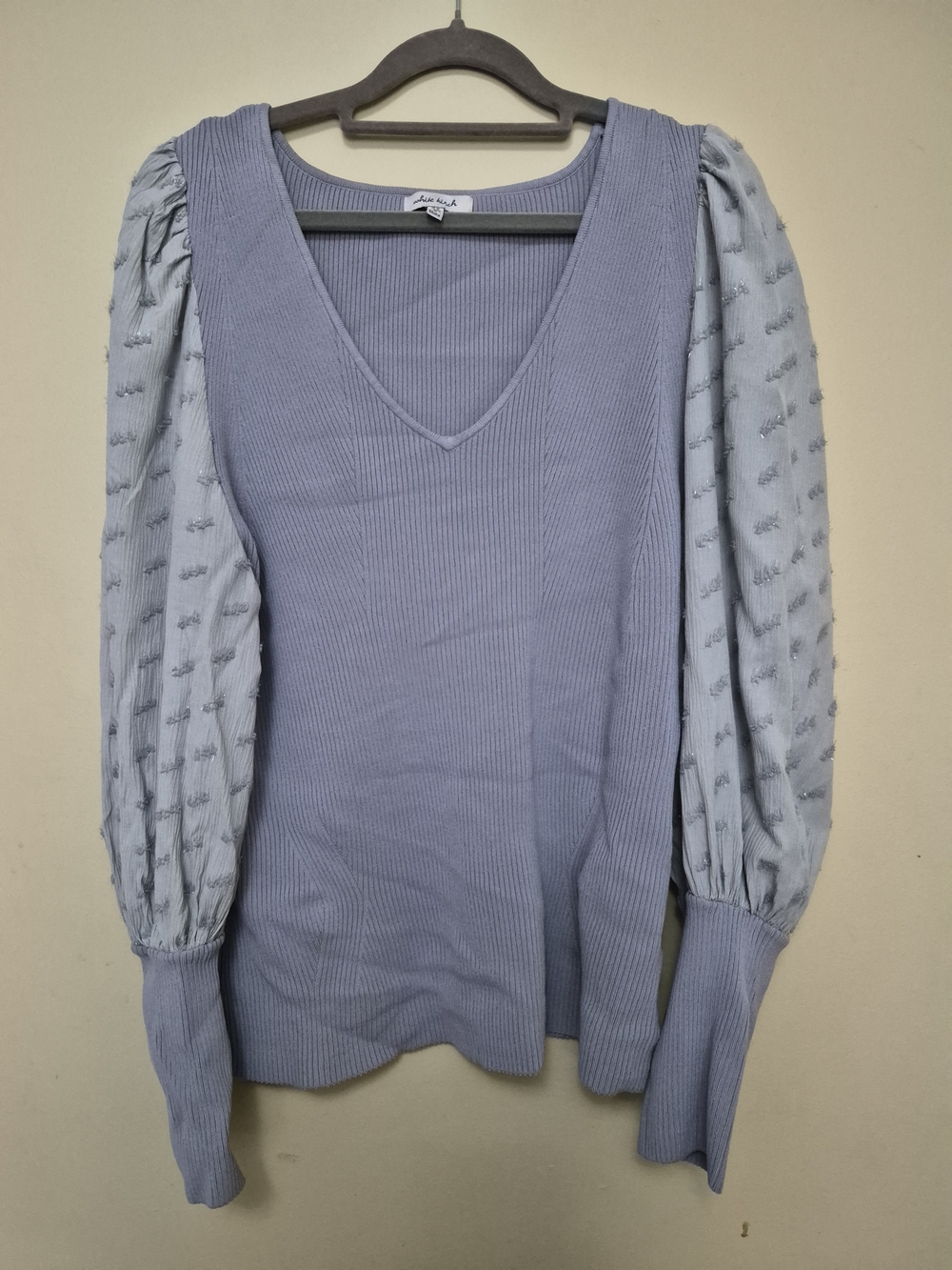 white birch Light Blue Ribbed V-Neck Sweater with Puff Dot Sleeves